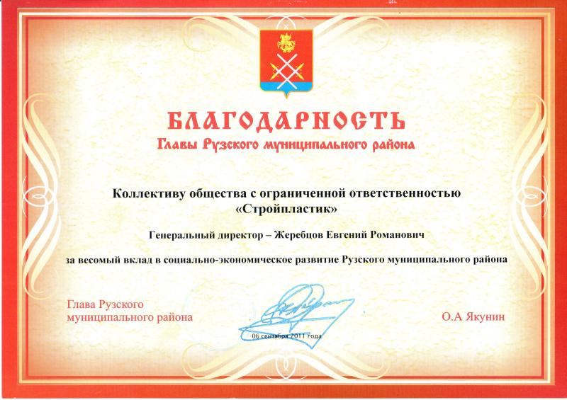 Благодарность от главы Рузского муниципального района